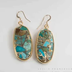 Leslie Francesca Turquoise Gold Oval Drop Earrings